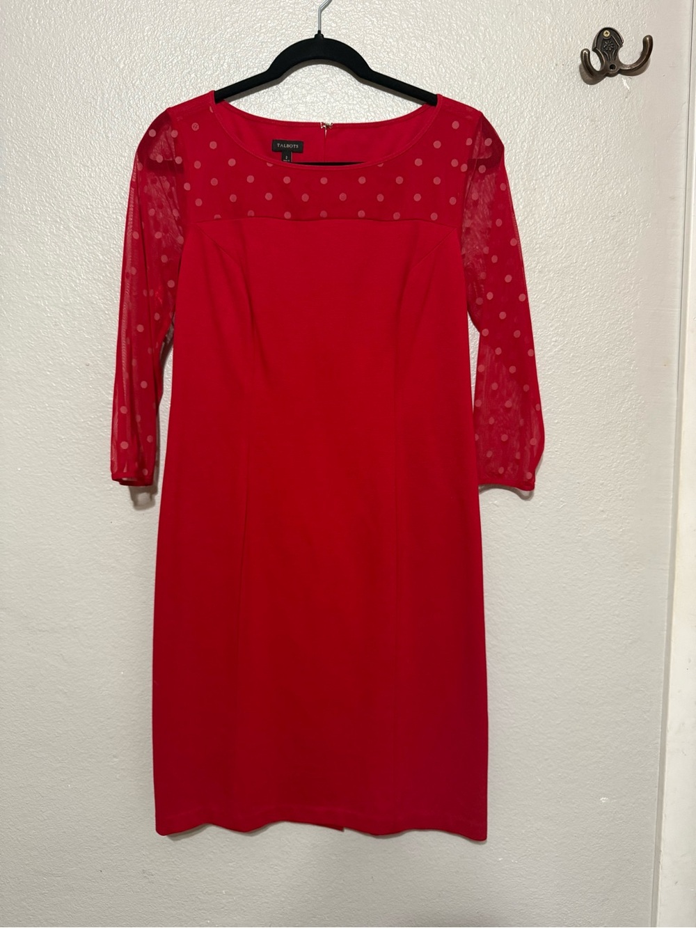 Talbots Red Sheer Polka Dot Sleeve Ponte Shift Dress